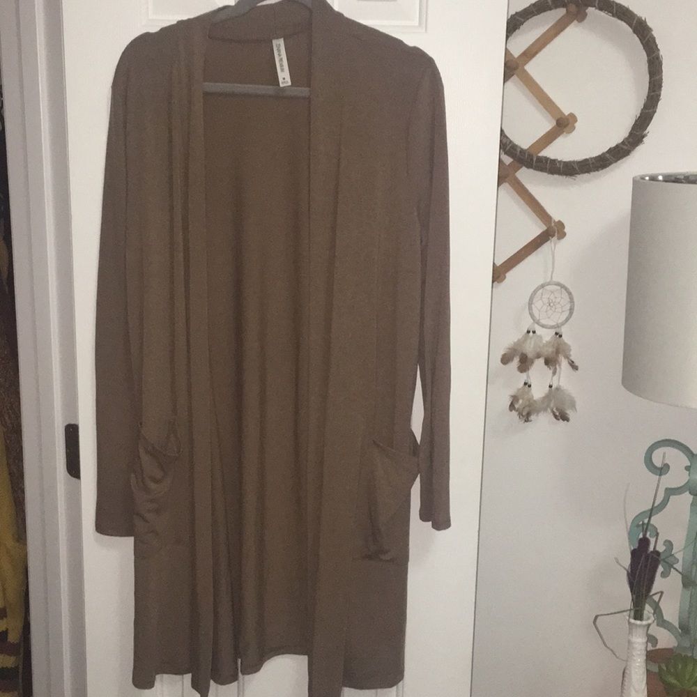 Zenana M Cardigan Sweater Olive Brown Open Front Long Sleeve Duster Pockets